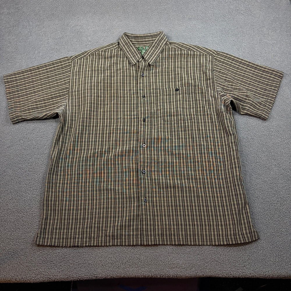 David Taylor Button Up Mens 2XL Brown Plaid Luxury Microfiber Short Sleeve Shirt